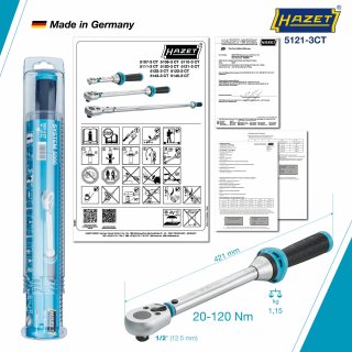 HAZET Drehmomentschlüssel 5121-3CT ∙ Drehmomentbereich min-max: 20 – 120 Nm ∙ Genauigkeit: 3% ∙ 1/2 Zoll (12,5 mm) Vierkant mass Bild 3