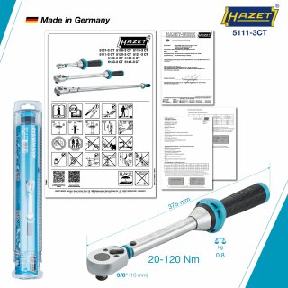 HAZET Drehmomentschlüssel 5111-3CT ∙ Drehmomentbereich min-max: 20 – 120 Nm ∙ Genauigkeit: 3% ∙ 3/8 Zoll (10 mm) Vierkant massiv Bild 3